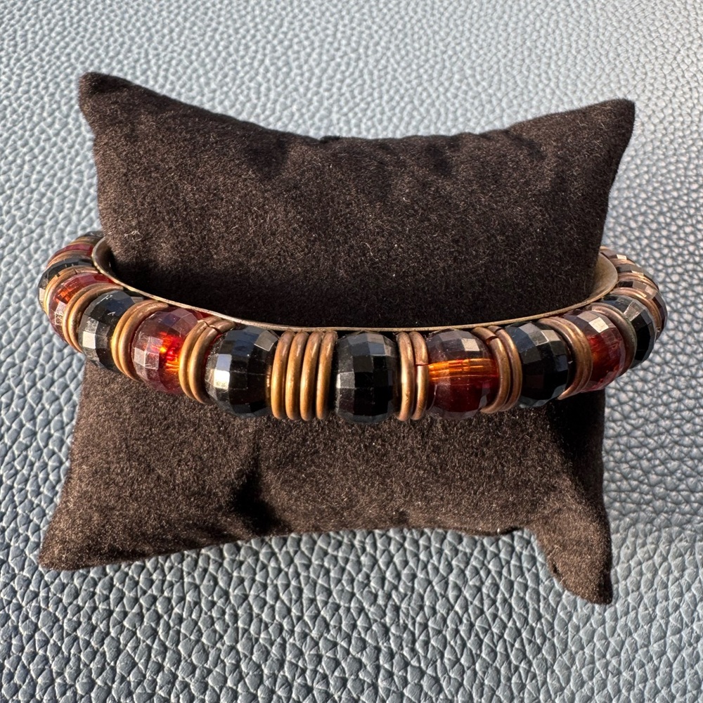 Vintage Beaded Hoop Bracelet in Black and Amber Tones